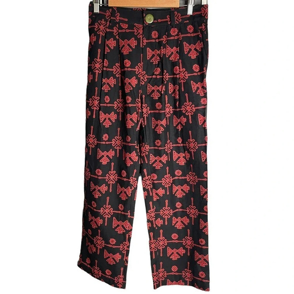 Alix of Bohemia Ikat Printed Straight Leg Trousers Black Red - Picture 1 of 3
